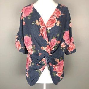 NWOT VIAMOR Womens Twist Front Floral Short Sleeve Waffle Top